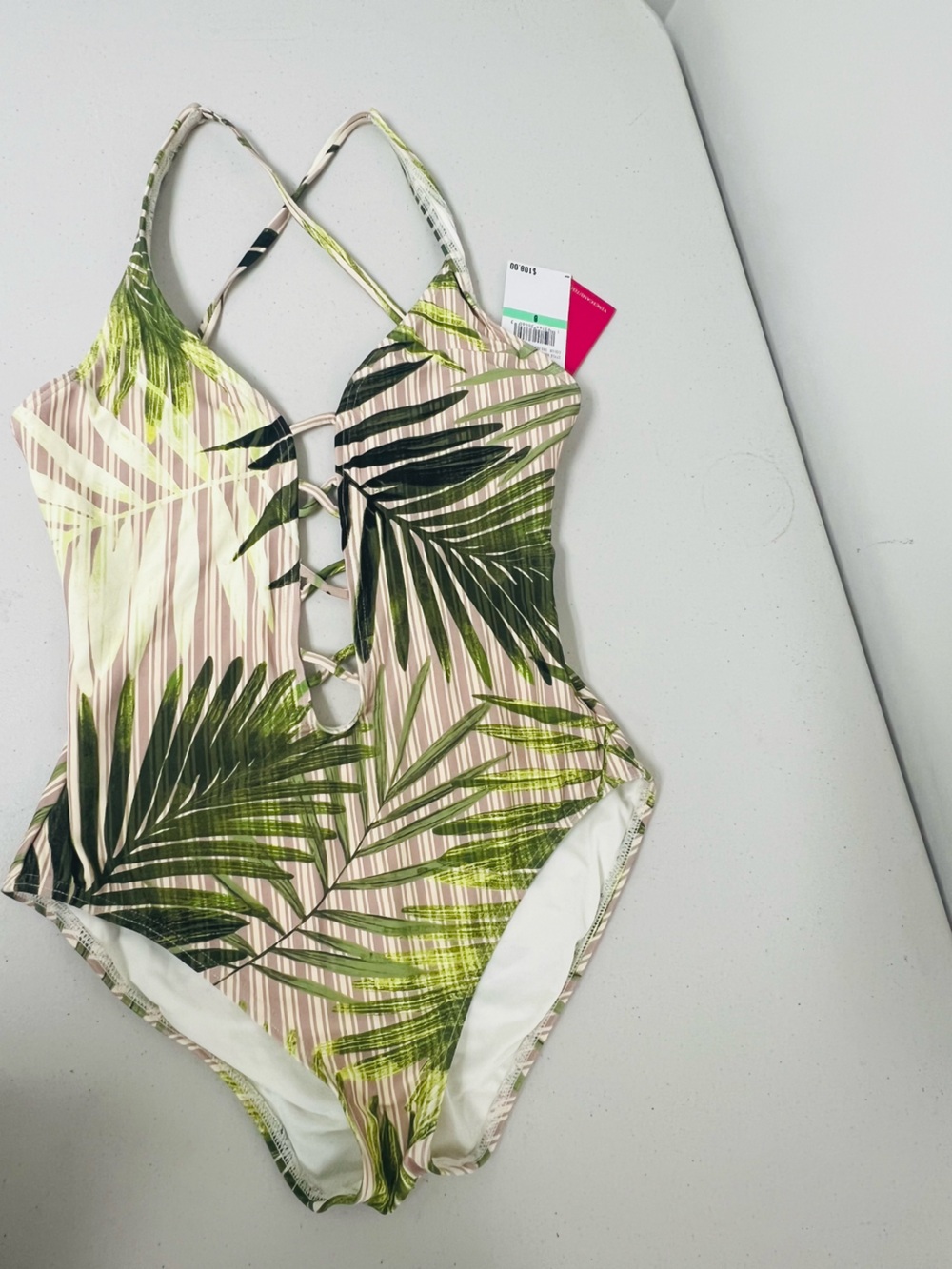 Vince Camuto Pink & Green Palm Lace-Up One-Piece Swimsuit
